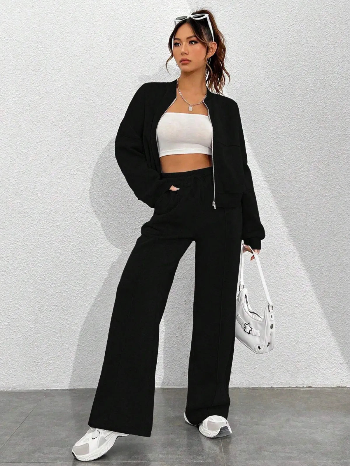 Casual Solid Zip Top And Pants Two-Piece Set
