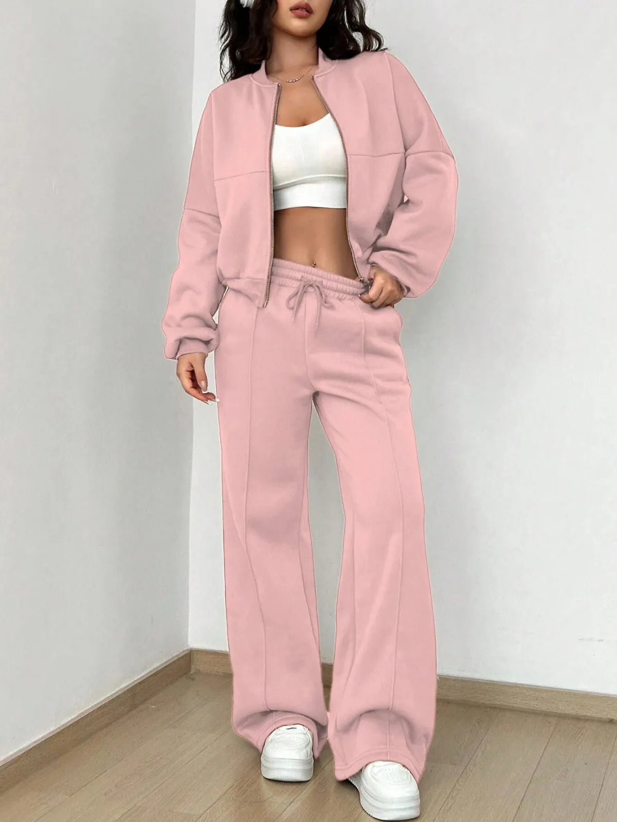 Casual Solid Zip Top And Pants Two-Piece Set