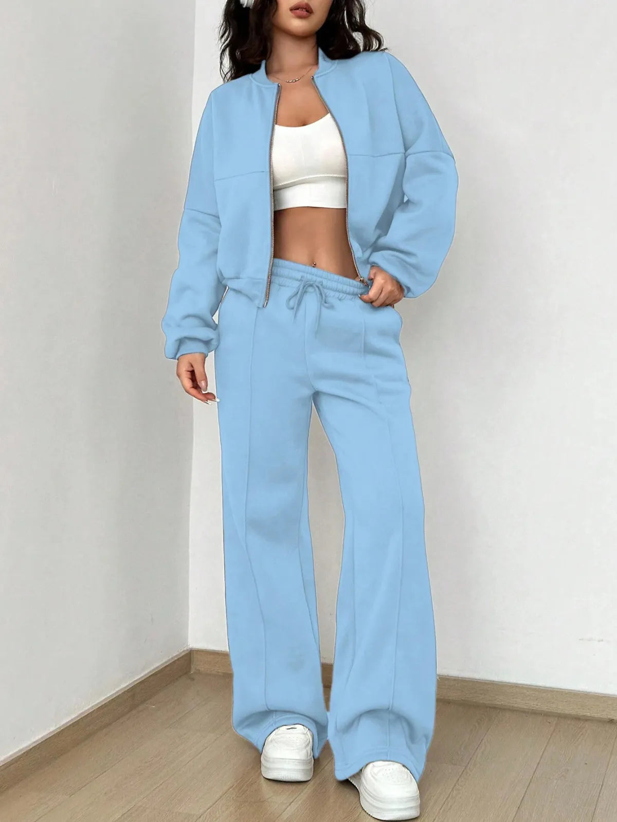 Casual Solid Zip Top And Pants Two-Piece Set